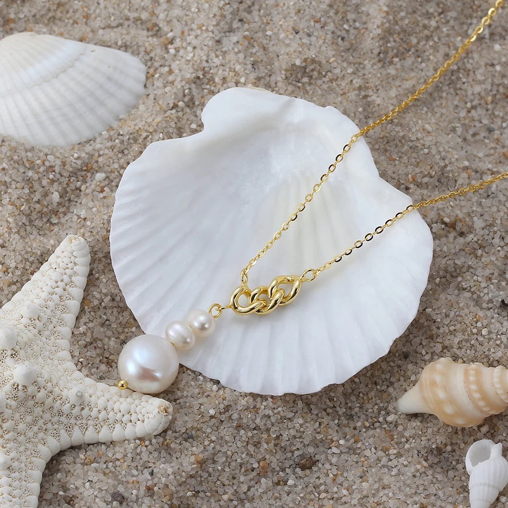 Elegante minimalistische Halskette mit 3 Süßwasserperlen, 925er Silber 14K Gold