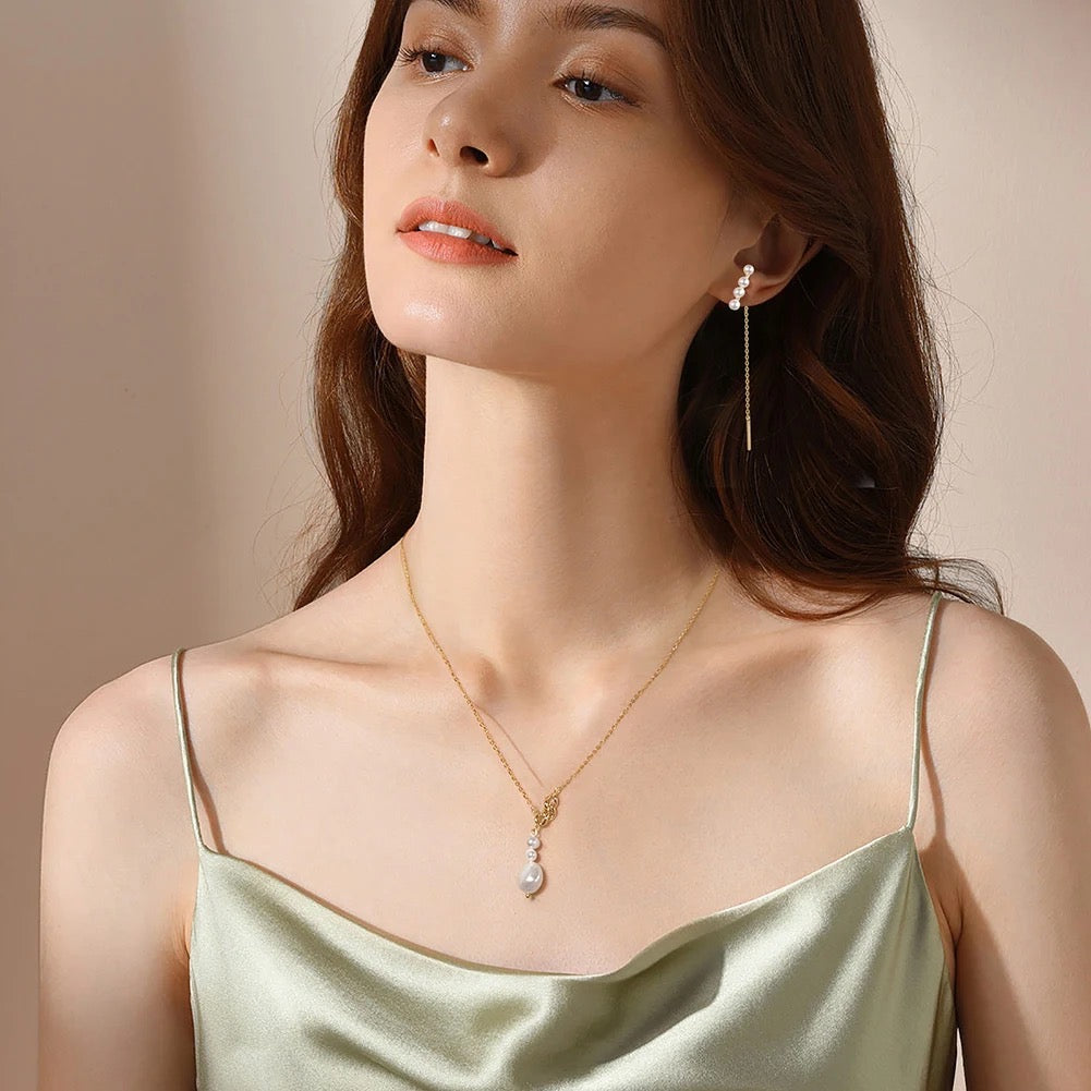 Elegante minimalistische Halskette mit 3 Süßwasserperlen, 925er Silber 14K Gold
