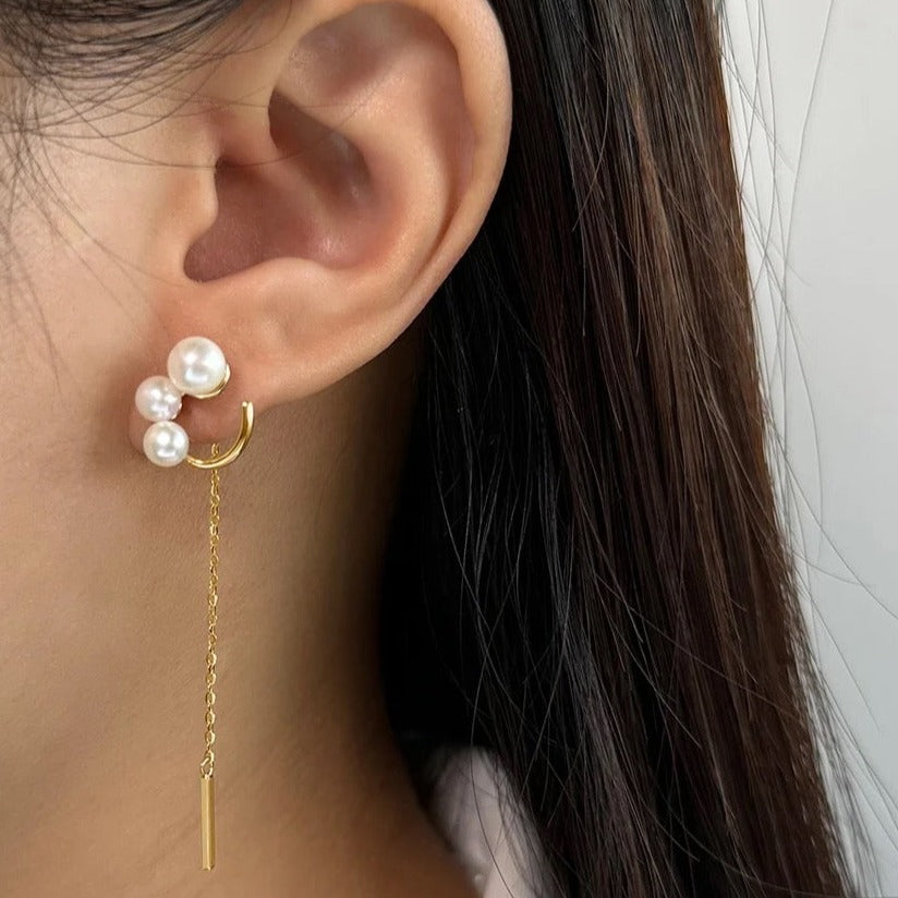 Handmade minimalist earrings with three different pearls and chain pendant