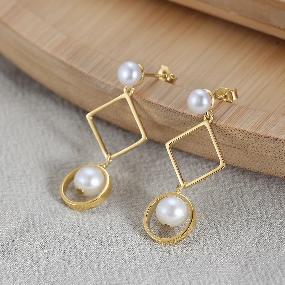 Handmade hanging earrings square and circle with pearl