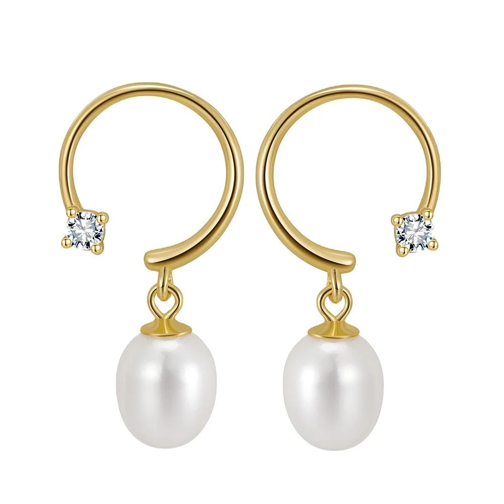 Handmade minimalist circle earrings with zircon stones and pearl