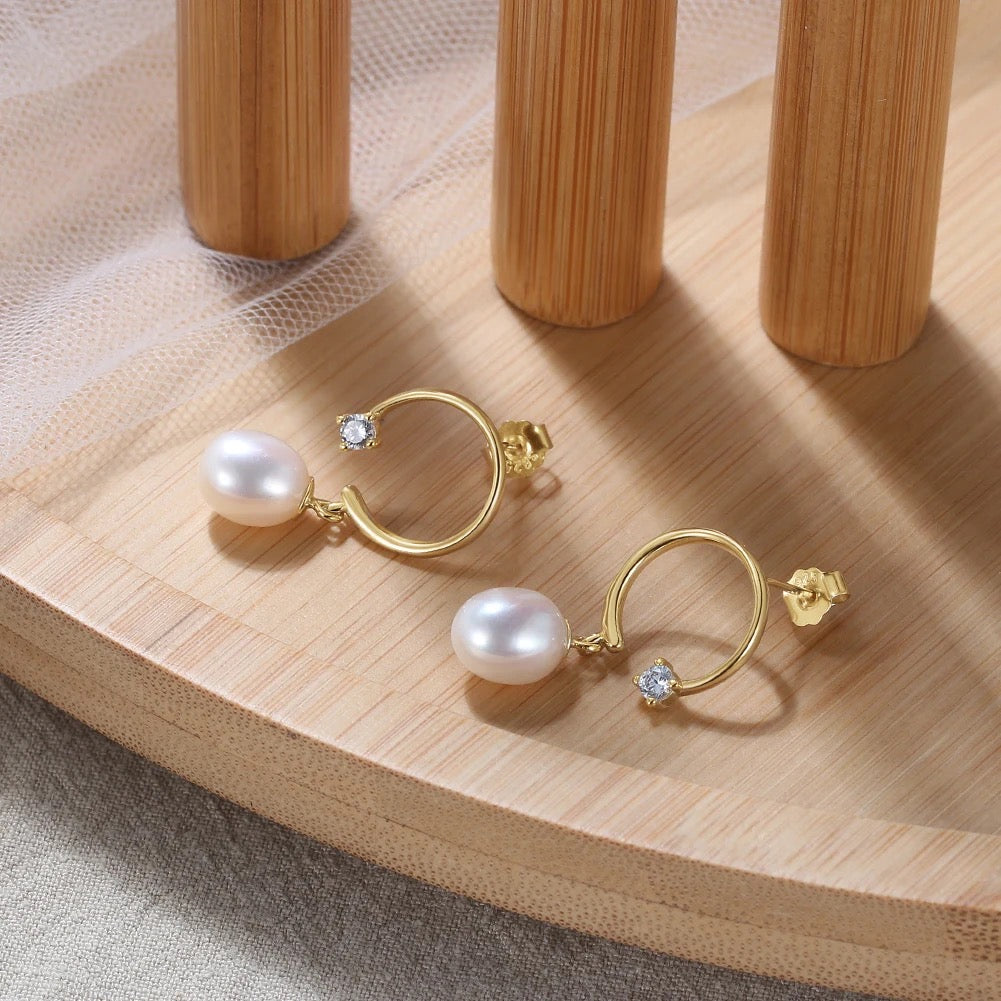 Handmade minimalist circle earrings with zircon stones and pearl
