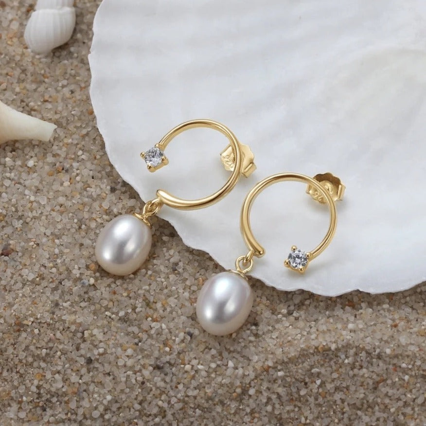 Handmade minimalist circle earrings with zircon stones and pearl