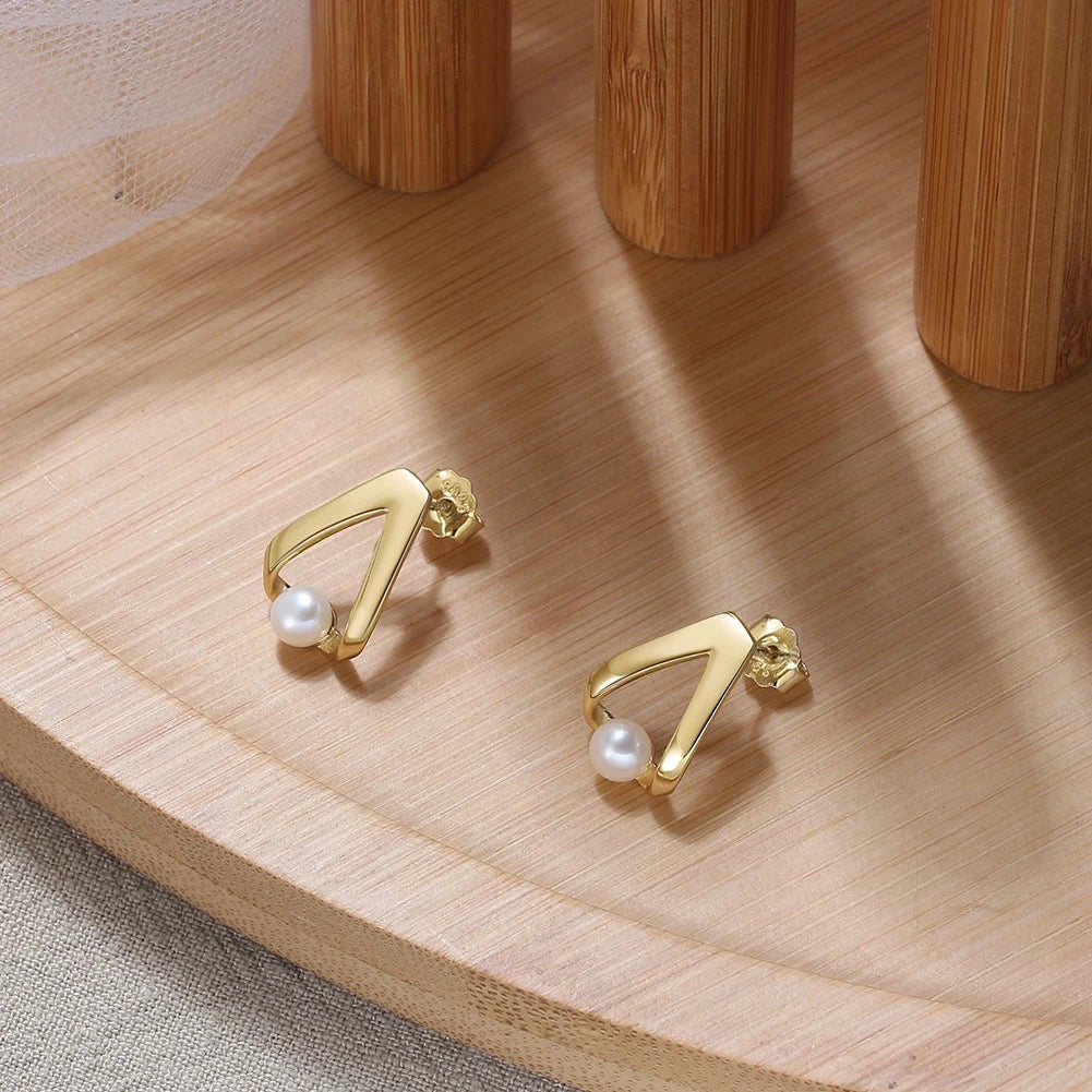 Triangle stud earrings with small freshwater pearl