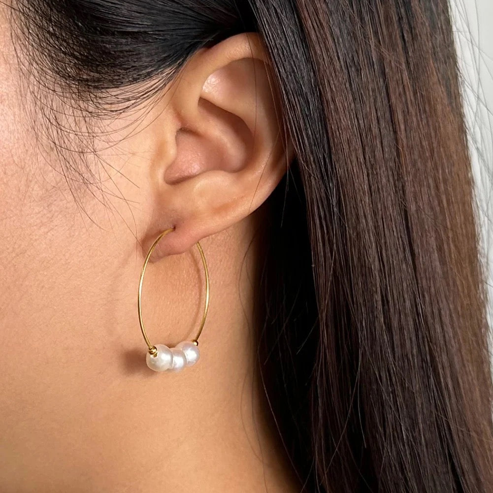 Small Hoop Earrings with 3 Natural Freshwater Pearls, 925 Silver, 14K Gold