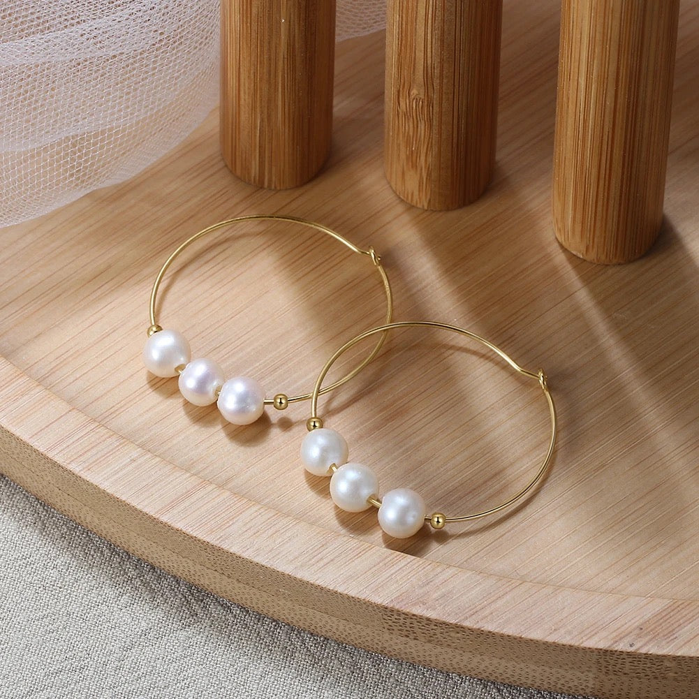 Small Hoop Earrings with 3 Natural Freshwater Pearls, 925 Silver, 14K Gold