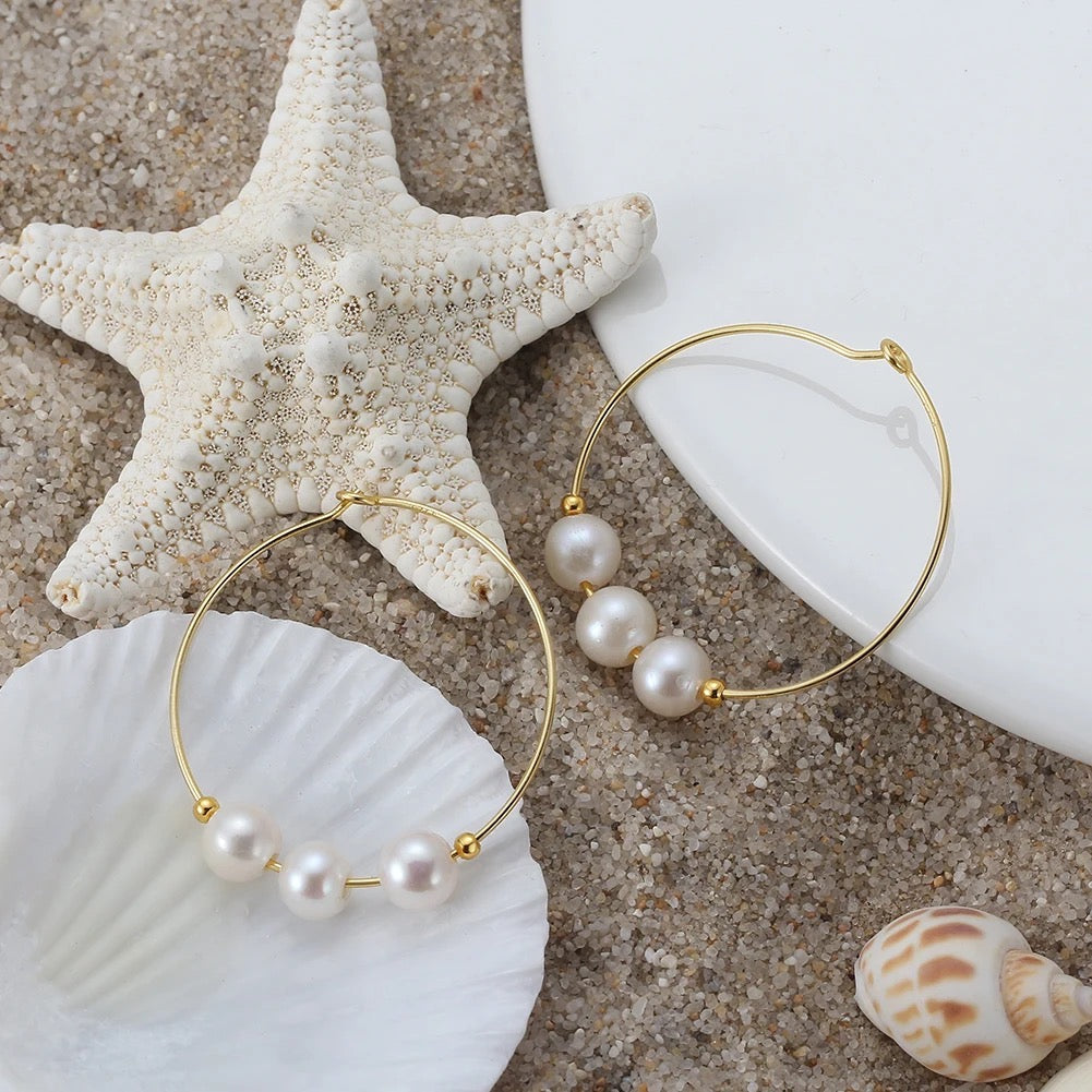 Small Hoop Earrings with 3 Natural Freshwater Pearls, 925 Silver, 14K Gold