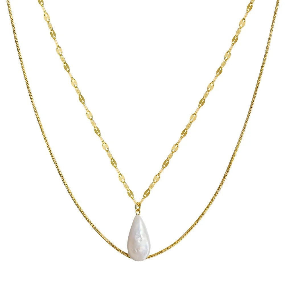 Elegant double chain with a flat oval freshwater pearl, 925 silver and 14K gold