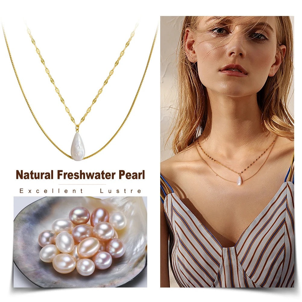 Elegant double chain with a flat oval freshwater pearl, 925 silver and 14K gold