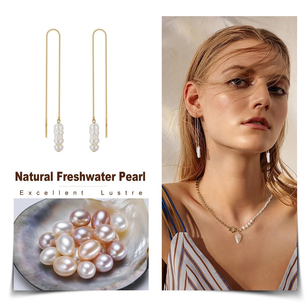 Handmade Chain Earrings: Unique Elegance with Natural Baroque Pearls Gold