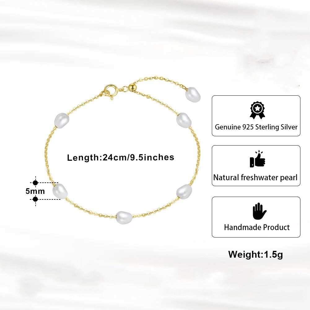 Zartes minimalistisches Armband mit 5 Süßwasserperlen, 925er Silber