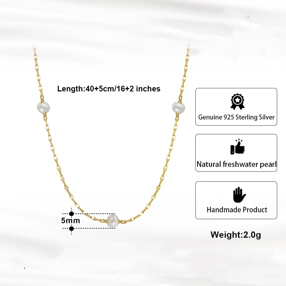 Delicate minimalist necklace with freshwater pearls, 925 silver 14K gold