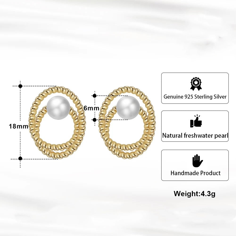 Handmade Minimalist Stud Earrings: Double Circle with Pearl