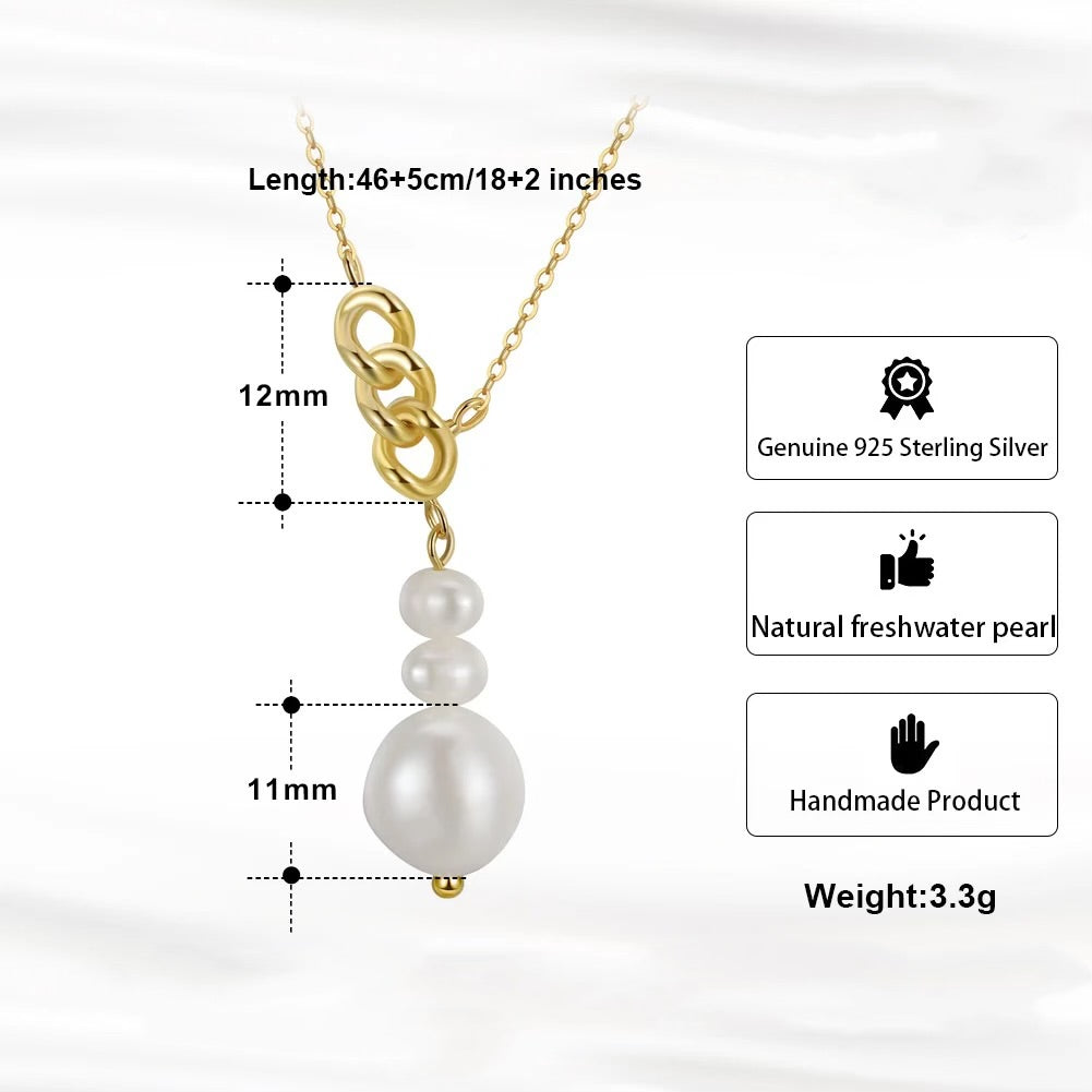 Elegante minimalistische Halskette mit 3 Süßwasserperlen, 925er Silber 14K Gold