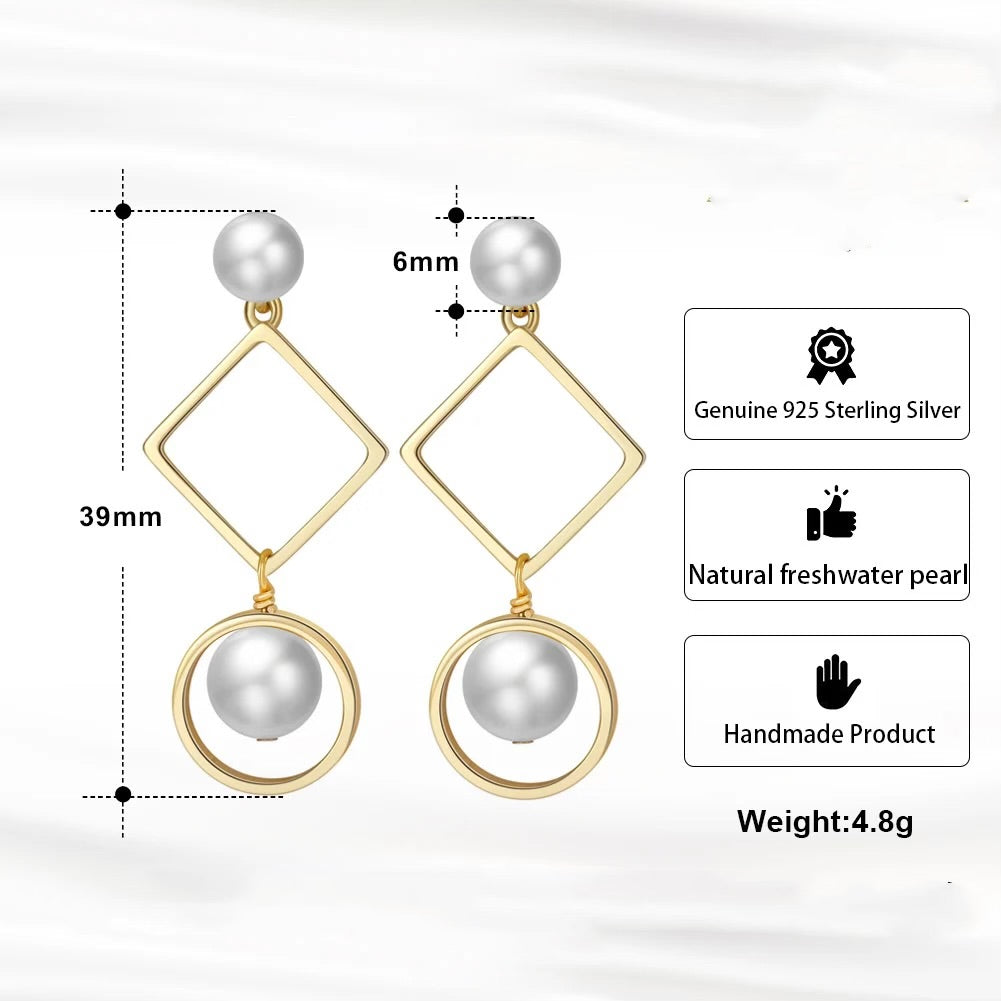 Handmade hanging earrings square and circle with pearl