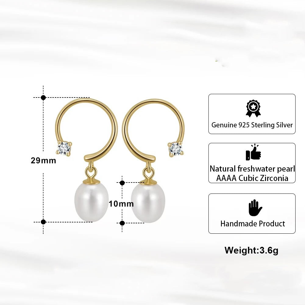 Handmade minimalist circle earrings with zircon stones and pearl