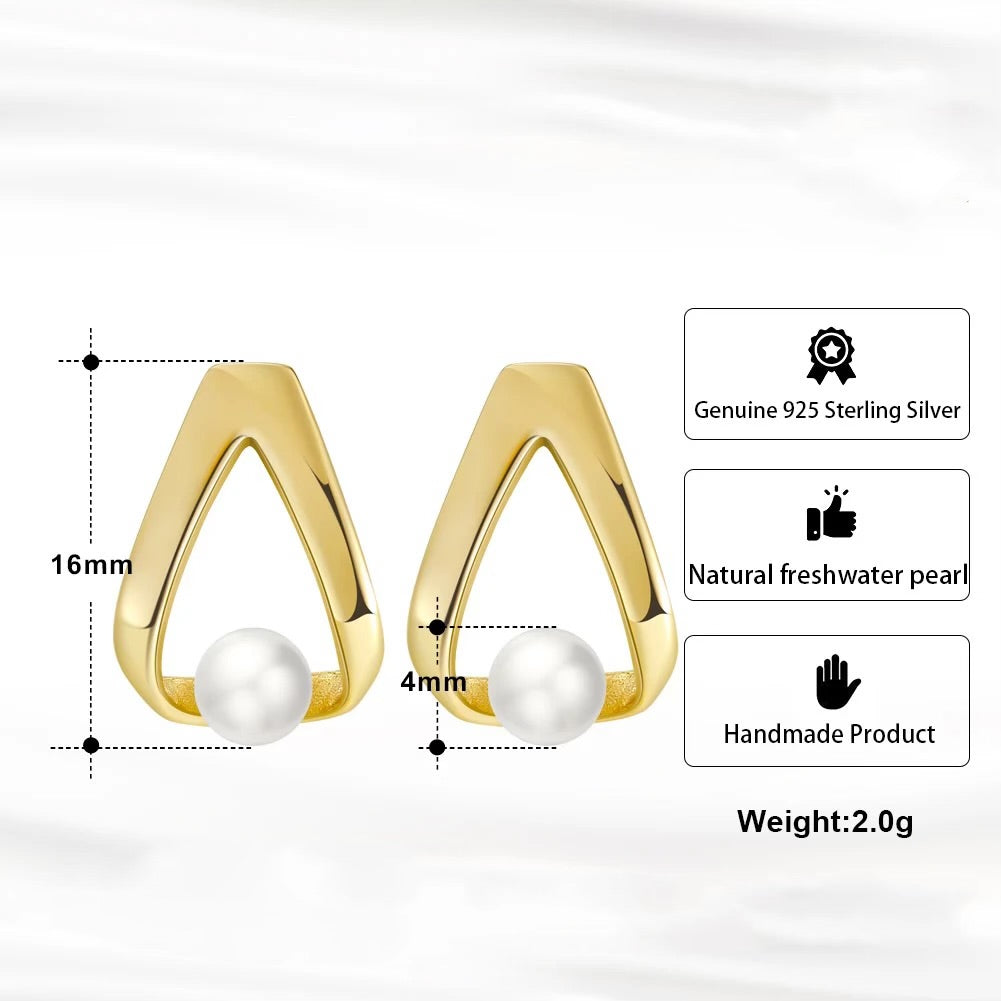 Triangle stud earrings with small freshwater pearl