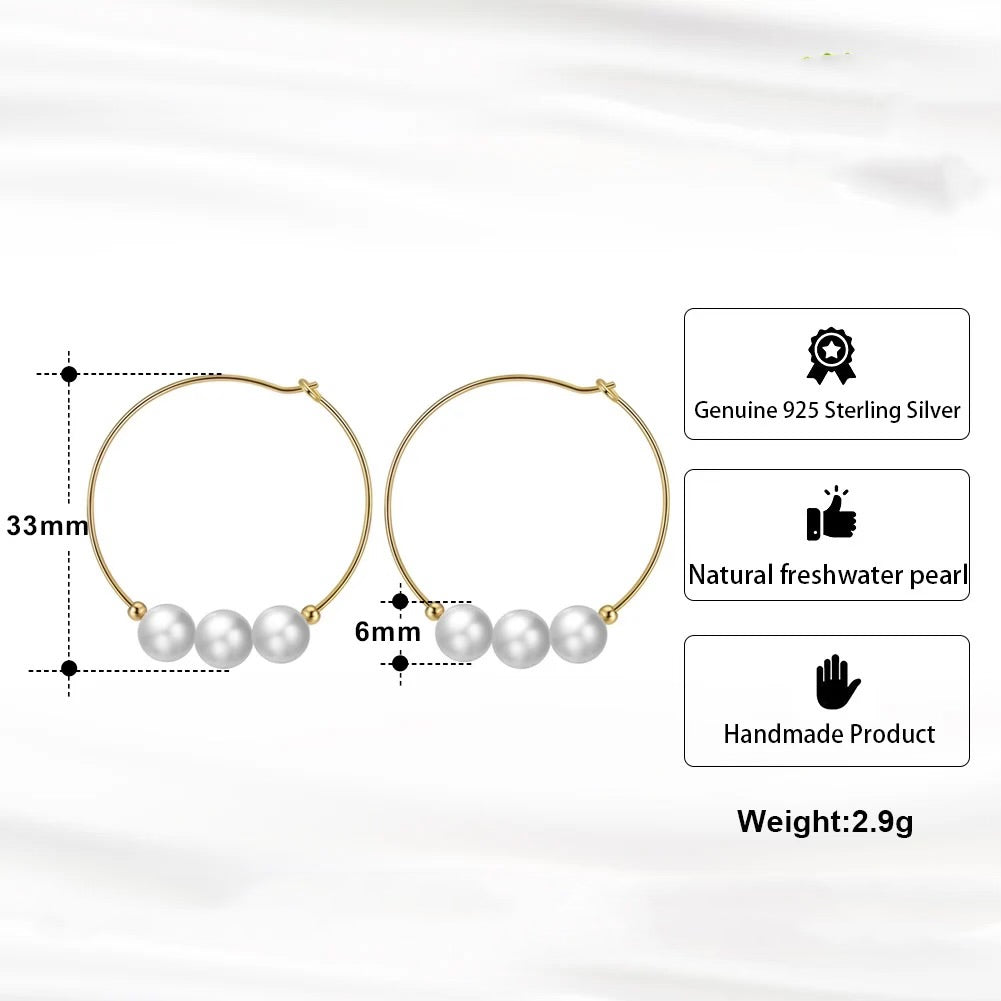 Small Hoop Earrings with 3 Natural Freshwater Pearls, 925 Silver, 14K Gold