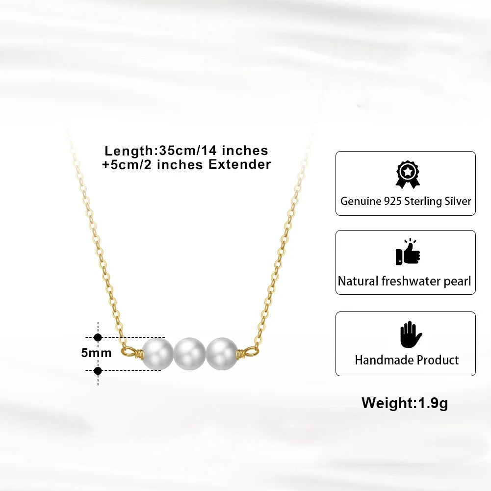 Delicate choker with three freshwater pearls on the bar, 925 silver 14K gold