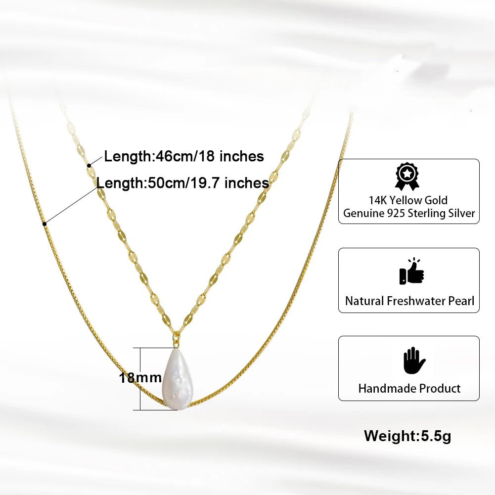 Elegant double chain with a flat oval freshwater pearl, 925 silver and 14K gold