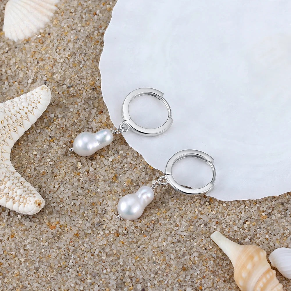 Small Hoop Earrings with Baroque Pearls Silver