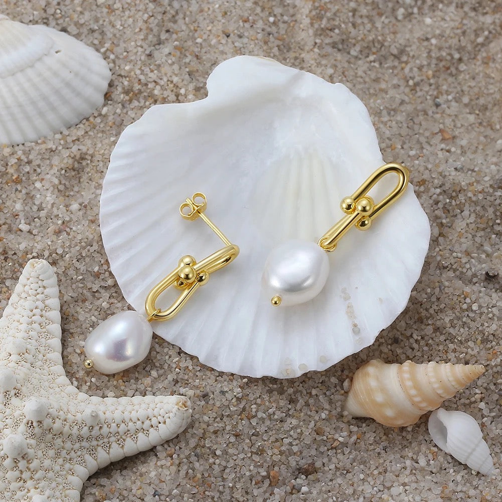 Handmade Geometric Drop Earrings with Large Pearl