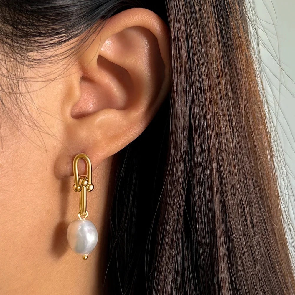 Handmade Geometric Drop Earrings with Large Pearl