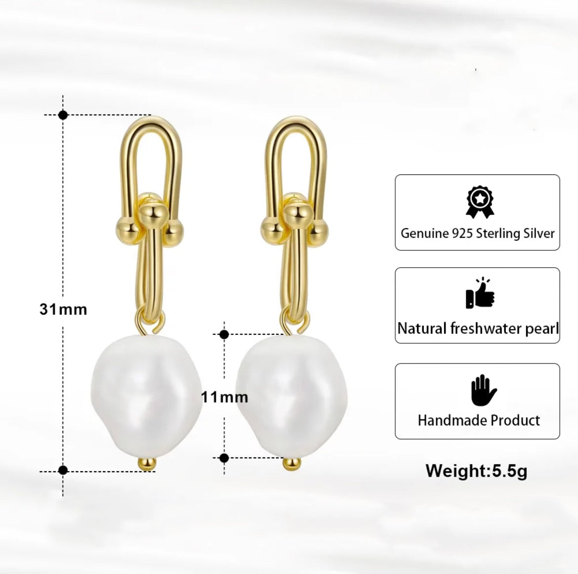 Handmade Geometric Drop Earrings with Large Pearl