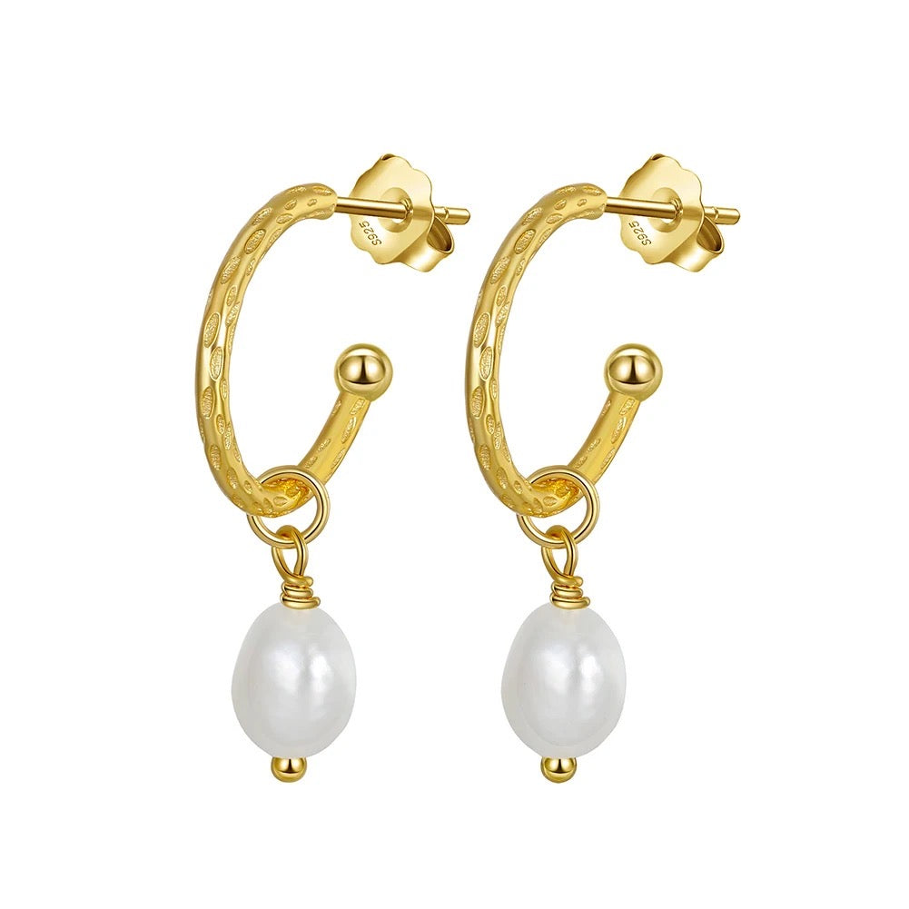 Handmade Minimalist Half Hoop Earrings with Hanging Baroque Pearl Gold