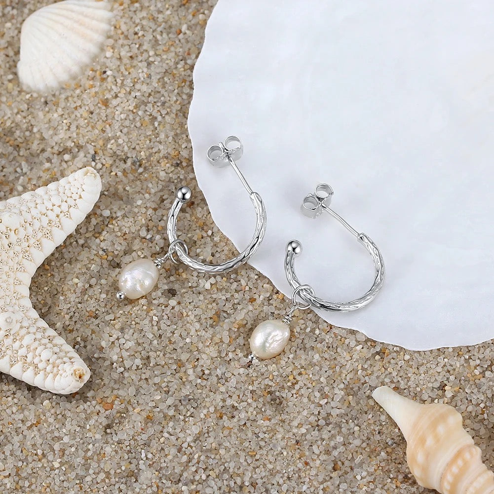 Handmade Minimalist Half Hoop Earrings with Hanging Baroque Pearl Gold