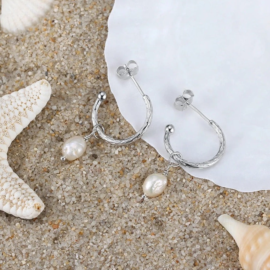 Handmade Minimalist Half Hoop Earrings with Hanging Baroque Pearl Silver