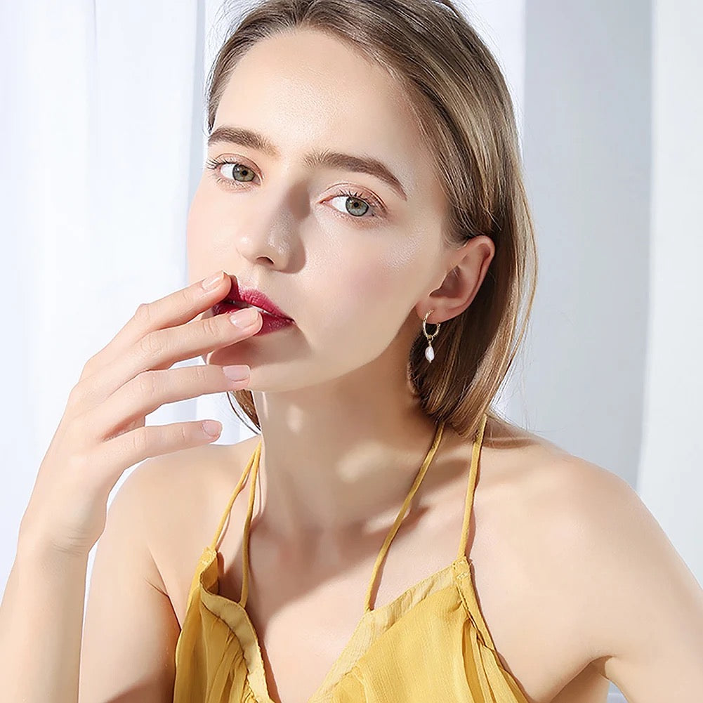 Handmade Minimalist Half Hoop Earrings with Hanging Baroque Pearl Gold