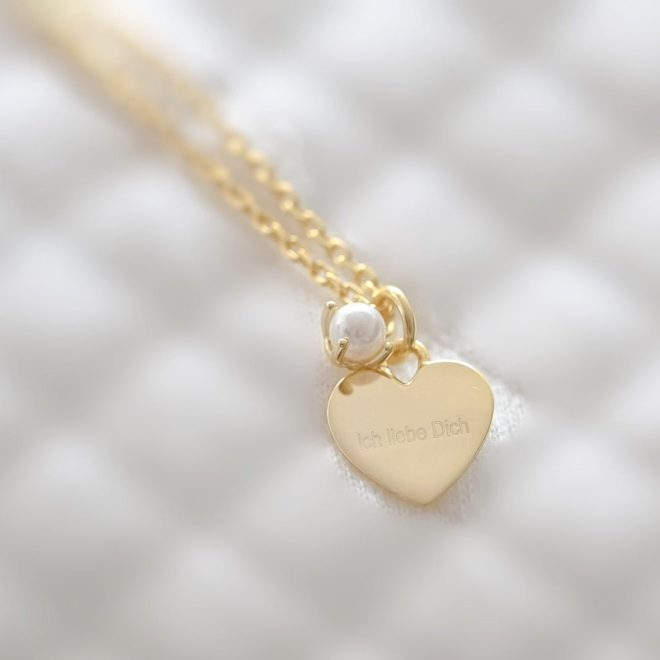Necklace Heart and Pearl, Engraving "I love you" 925 Silver, 14K Gold