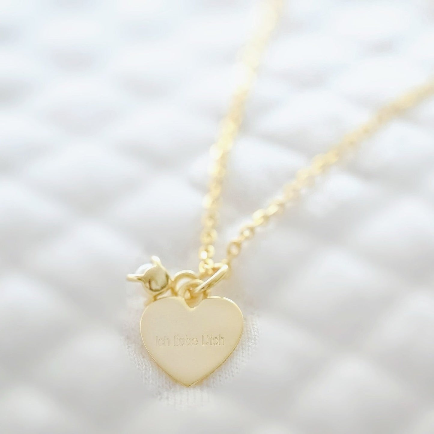 Necklace Heart and Pearl, Engraving "I love you" 925 Silver, 14K Gold