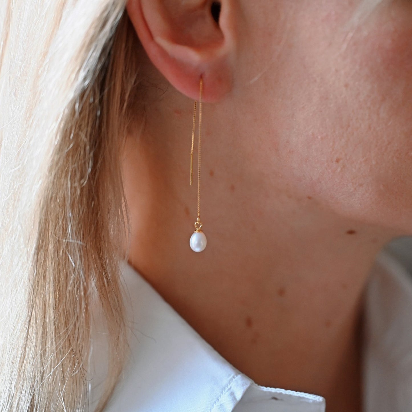 Delicate chain earrings small freshwater pearl, 925 silver, 18K gold