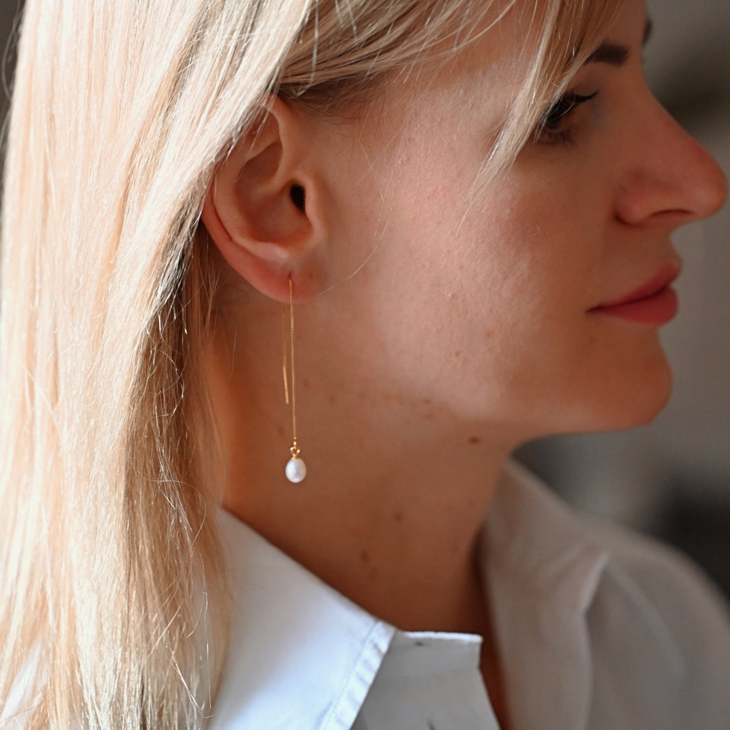Delicate chain earrings small freshwater pearl, 925 silver, 18K gold