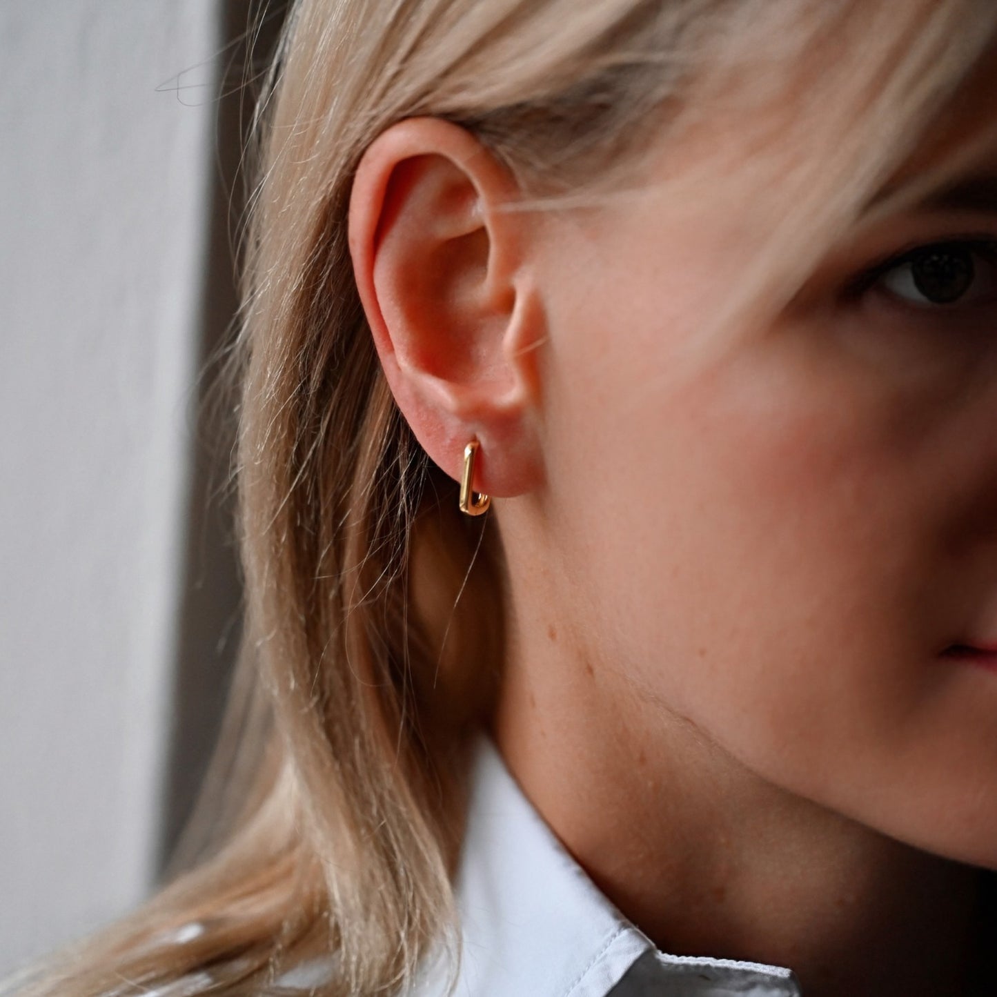 Modern Small Rectangle Hoop Earrings, 925 Silver, 18K Gold