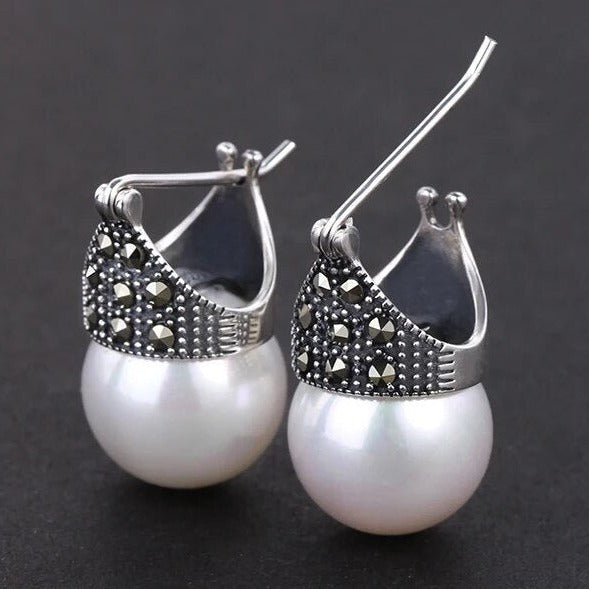 Retro earrings large shell pearl, 925 silver, zircon