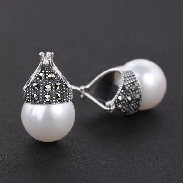 Retro earrings large shell pearl, 925 silver, zircon