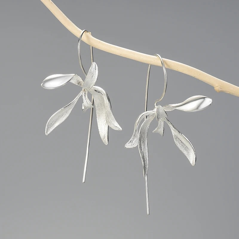 Große wilde Orchidee Hängeohrringe, 925er Silber