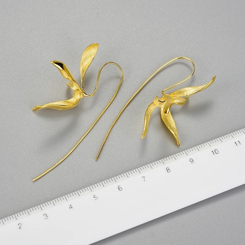 Große wilde Orchidee Hängeohrringe, 925er Silber