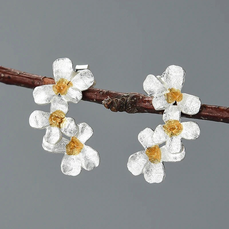 Delicate Blossom Stud Earrings, 925 Silver, 18K Gold