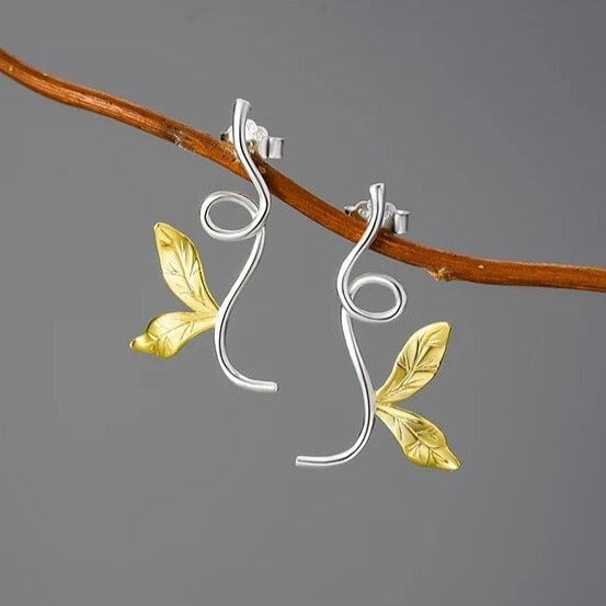 Handgefertigte Zweig und Blätter Ohrringe, 925er Silber, 18K Gold