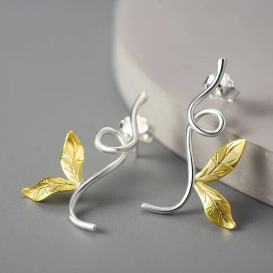 Handgefertigte Zweig und Blätter Ohrringe, 925er Silber, 18K Gold