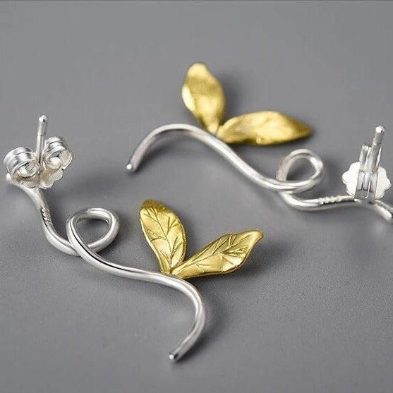 Handgefertigte Zweig und Blätter Ohrringe, 925er Silber, 18K Gold