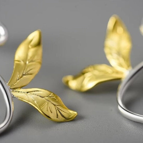 Handgefertigte Zweig und Blätter Ohrringe, 925er Silber, 18K Gold