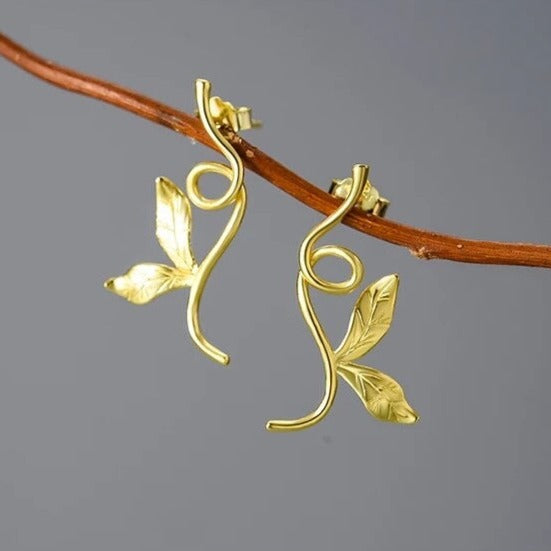 Handgefertigte Zweig und Blätter Ohrringe, 925er Silber, 18K Gold
