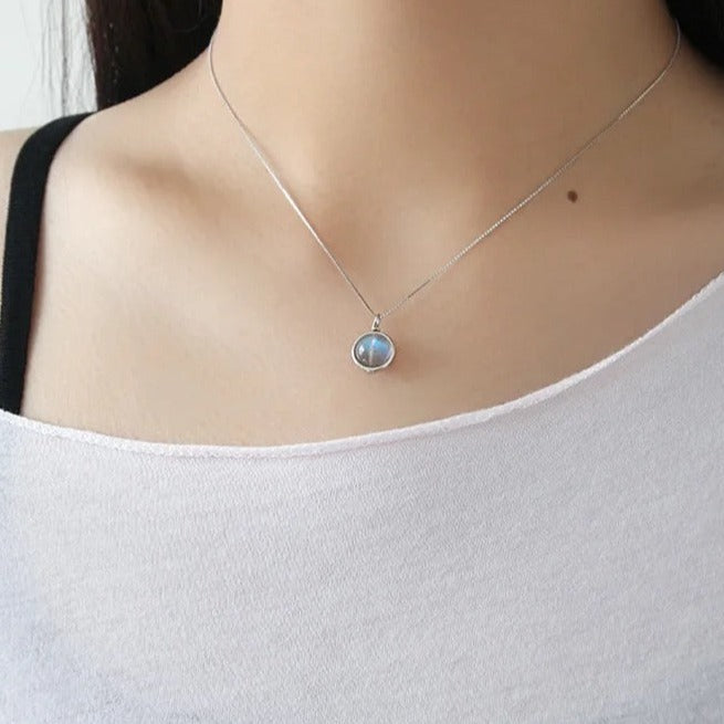 Minimalist necklace with moonstone ball pendant, 925 silver