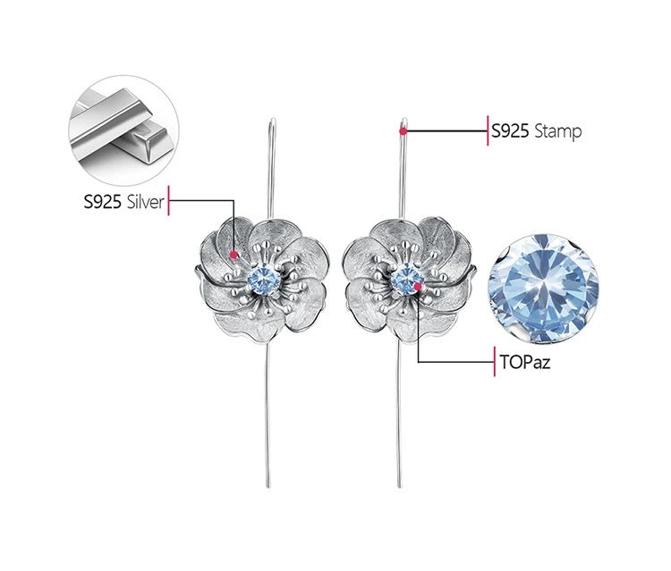 Handgefertigte Hängeohrringe "Blühende Anemone" mit Topaz