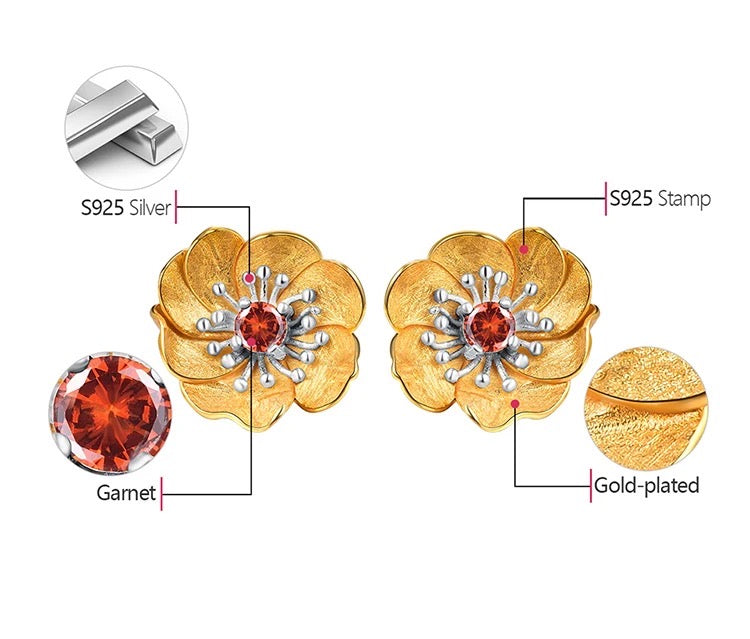 Handmade stud earrings "Blooming Anemone" with garnet
